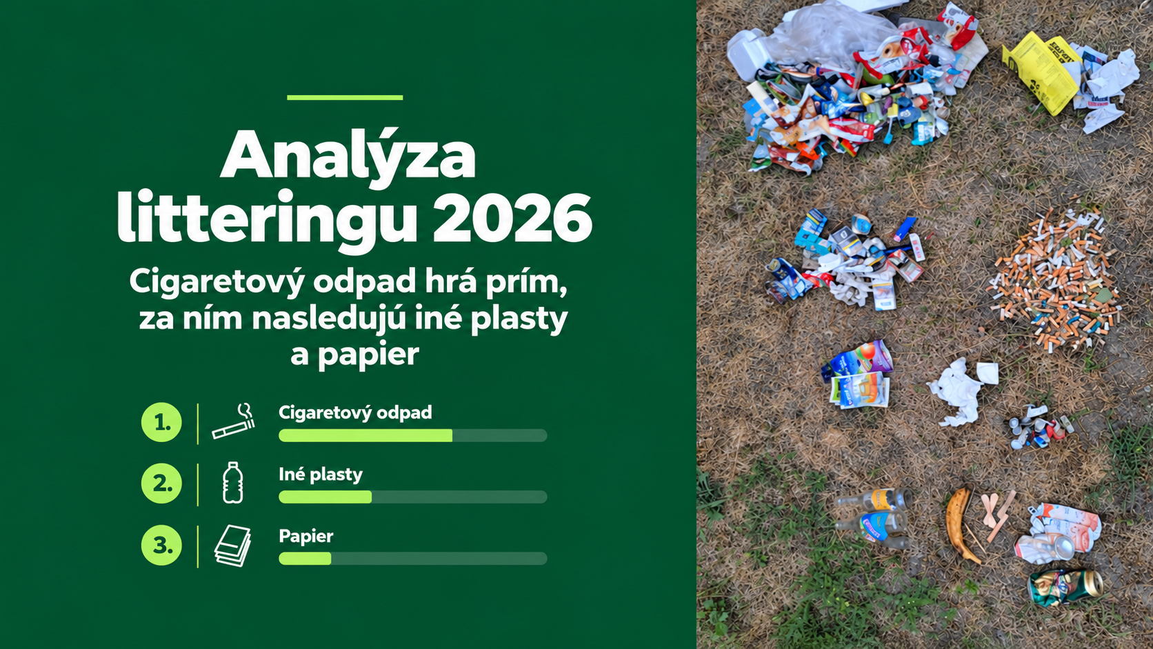 Analýza litteringu 2026: Cigaretový odpad hrá prím, za ním nasledujú iné plasty a papier