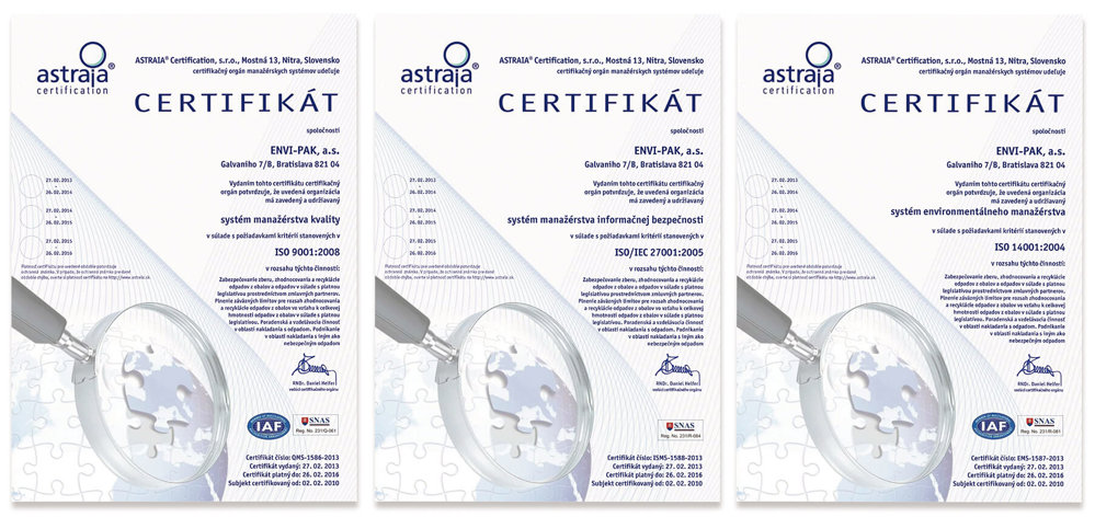 Recertifikácia potvrdila kvalitu vnútorných procesov spoločnosti ENVI - PAK